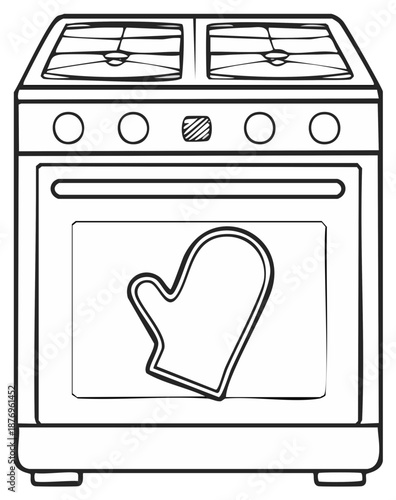 Oven and Oven Mitt Black and White Outline Drawing Cooking Baking Illustration