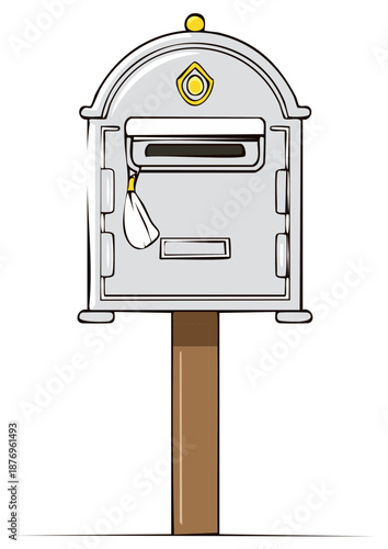 Stylized Mailbox Graphic with Collection Flag on Wood Post Illustration
