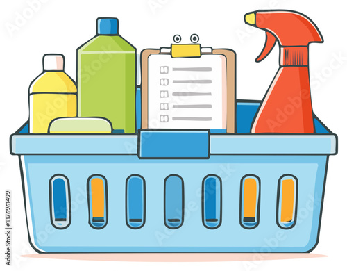 Cleaning supplies in a basket with checklist for tidying up and hygiene tasks.
