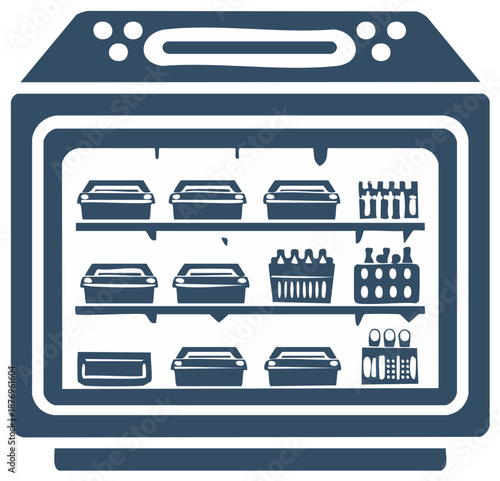 Refrigerated Display Case with Food and Drink Items on Shelves Blue Vector