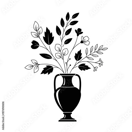 Black silhouette of a floral arrangement in an amphora vase