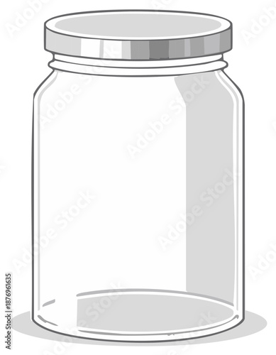 Isolated illustration of an empty canning jar with lid, grey shadow, clean kitchen container, transparent sides