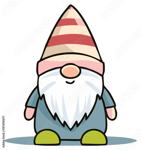 Cute cartoon garden gnome illustration with a pointy striped hat and white beard