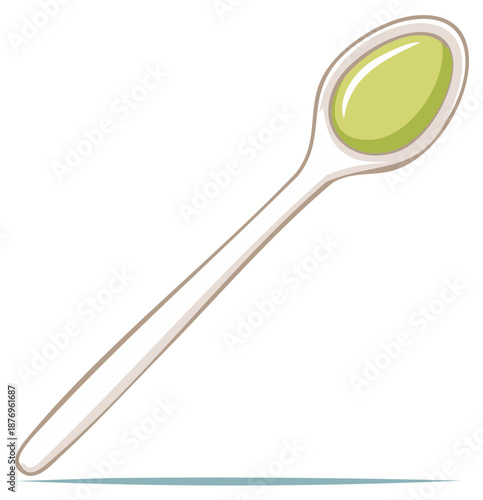 Simple illustration of a spoon holding green liquid soup puree or baby food