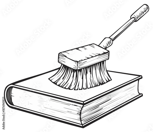 Bristle brush cleaning a closed book top surface in a graphic illustration style