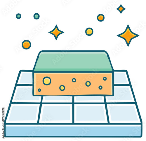Sponge on Tile with Bubbles and Stars, Cleanliness Concept with Sanitation Supplies