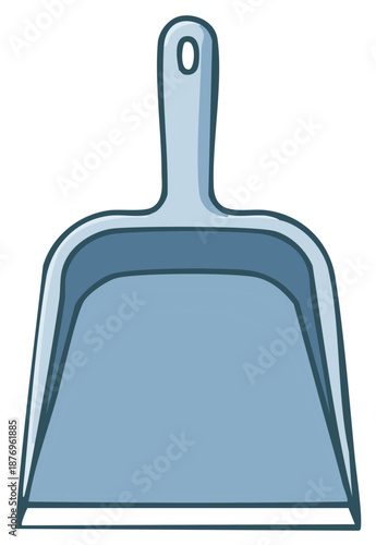 Illustration of a blue and gray cartoon dustpan for cleaning