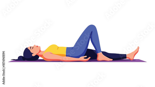 Woman performing restorative yoga pose supine with knees bent promoting relaxation and wellbeing