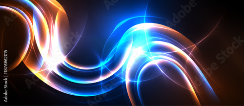 Bright abstract lines create dynamic energy. Vivid blue, orange hues contrast against dark background. Flowing shapes suggest movement, light.