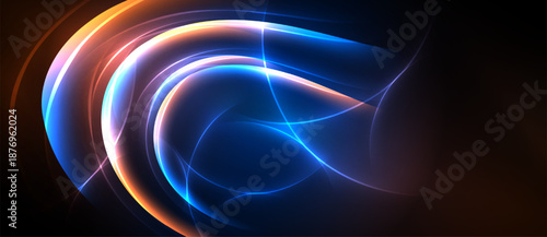 Bright abstract lines create swirling energy. Blue, orange, white hues dominate dark background. Dynamic composition evokes movement, light.