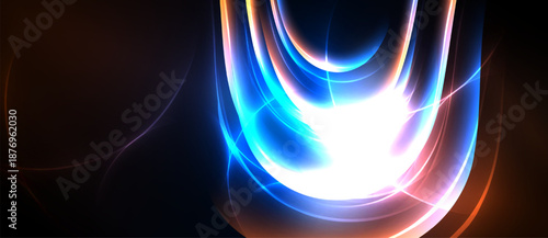 Bright abstract lines, curves, glowing light. Dark background creates dramatic visual impact. Energy radiates from central point.