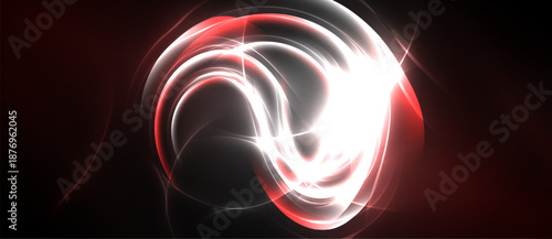 Bright abstract swirls, red highlights, white core. Dynamic energy radiates from central point, dark background enhances luminosity.