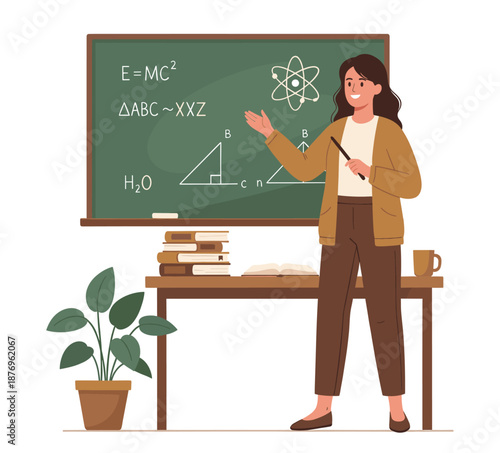 Female teacher explaining math and science at chalkboard