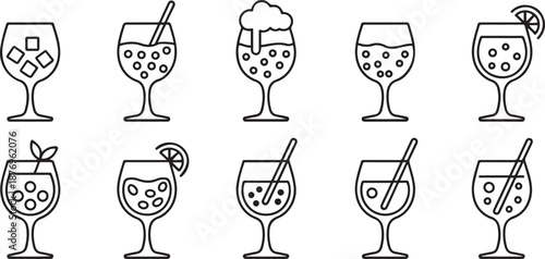 ten sets of white wine glass line icons. with ice cube, soda, foam and cold water. one line Art icon drawing vector