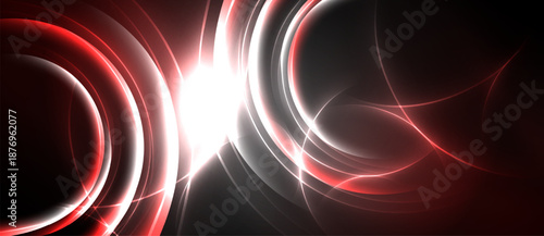Abstract design features vibrant red, white lines against black background. Dynamic curves create energy, light effect.