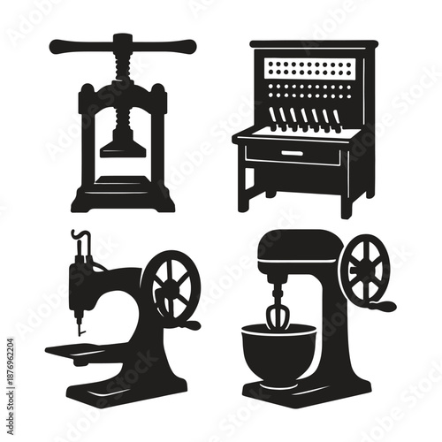 Black and white of vintage kitchen and sewing machines