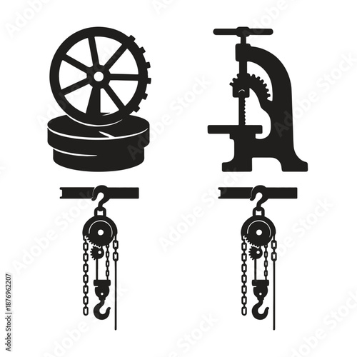 Black and white of industrial tools and machinery gears pulleys