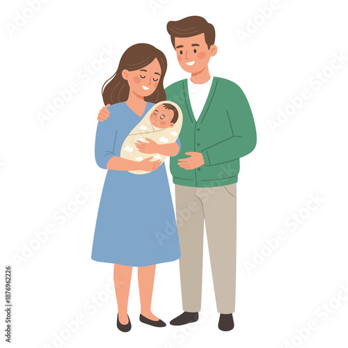 Happy parents holding sleeping newborn baby