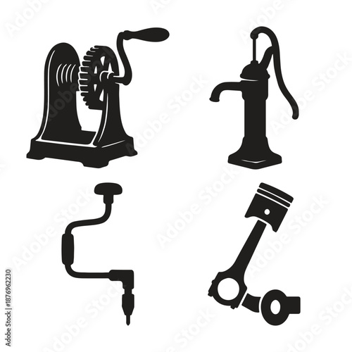 Black and white silhouettes of vintage hand crank devices