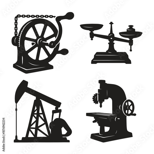 Black silhouettes of industrial machines and tools
