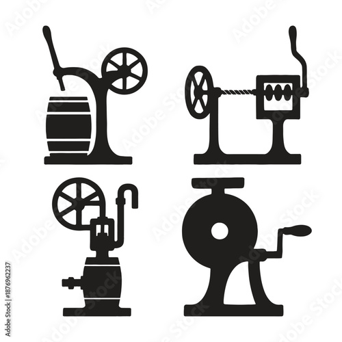 Black silhouettes of four different mechanical devices with handles and wheels machines