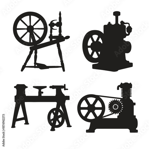 Black silhouettes of old machinery with wheels and gears machines industrial vintage