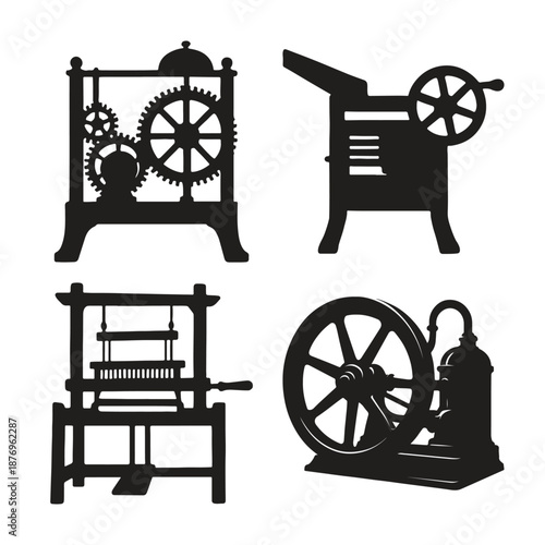 Black silhouettes of old machines with gears and wheels