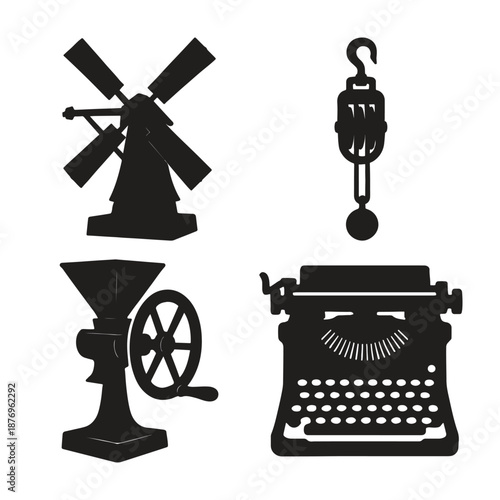 Black silhouettes of typewriter windmill coffee grinder and pulley