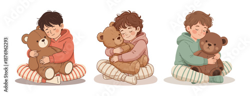 Boy sitting and hugging teddy bear with closed eyes