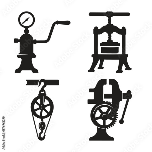 Black silhouettes of vintage industrial machines