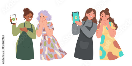 Women reacting to good news on smartphones with surprise and joy