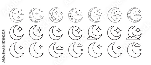 Moon Phases Icons Set, with Stars and Clouds, Lunar Phases Outline and Solid Icon, Crescent Moon, Night Sky Elements. vector illustration eps 10