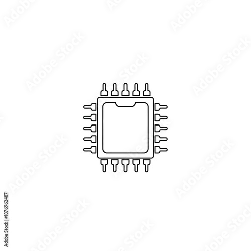 A minimalist outline of a computer chip with protruding pins on all sides against a white background