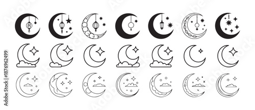 Moon Phases Icons Set, with Stars and Clouds, Lunar Phases Outline and Solid Icon, Crescent Moon, Night Sky Elements. vector illustration eps 10