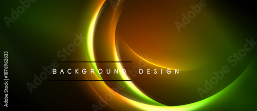 Abstract neon lines create dynamic circular shapes. Gradient colors blend from green to orange, forming modern background design.