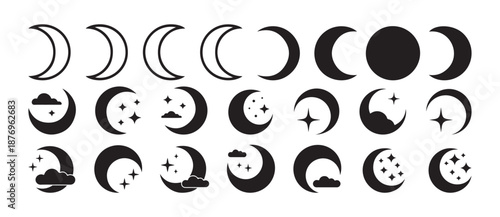 Moon Phases Icons Set, with Stars and Clouds, Lunar Phases Outline and Solid Icon, Crescent Moon, Night Sky Elements. vector illustration eps 10