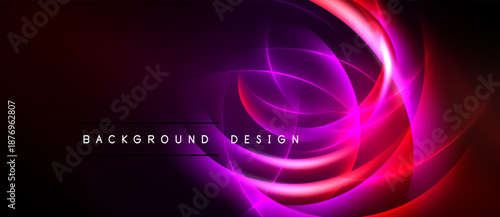 Abstract background features vibrant curves, gradients. Pink, purple, red hues create dynamic visual effect. Modern design element.