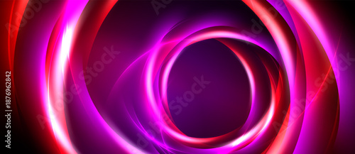 Abstract design features concentric glowing circles. Vivid pinks, reds create dynamic visual impact. Dark background emphasizes luminosity.