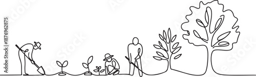 Continuous single one line art drawing of man people planting and farming seed plan tree vector illustration. one line Art icon drawing vector