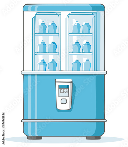 Blue water cooler dispenser with storage, glass bottles displayed inside, vector illustration for fresh drinking water
