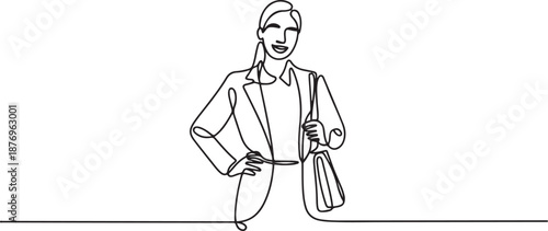 Continuous line drawing of happy young business woman holding briefcase. Single one line art of office worker. one line Art icon drawing vector