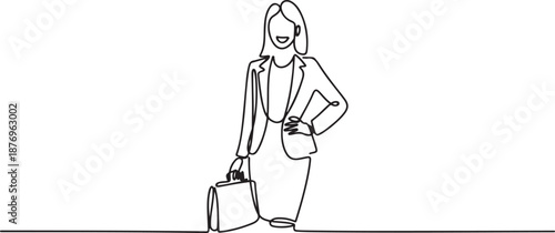 Continuous line drawing of happy young business woman holding briefcase. Single one line art of office worker. one line Art icon drawing vector