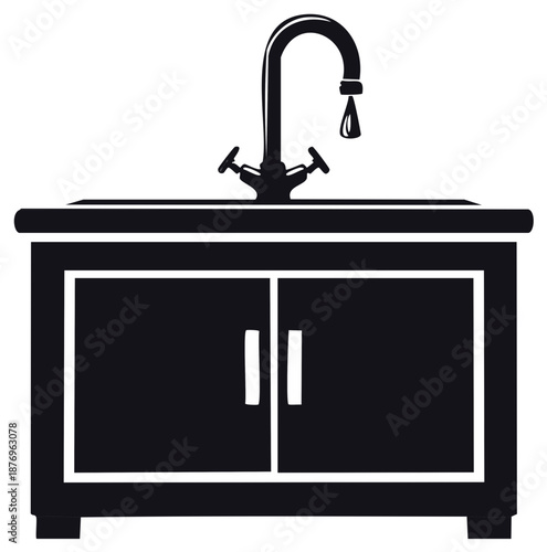 Black and White Kitchen Sink Cabinet with Faucet and Water Drop, Silhouette Style