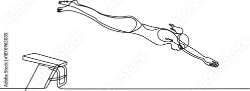 Continuous single one line drawing art of swimming athlete woman jumping to start swim competition. one line Art icon drawing vector