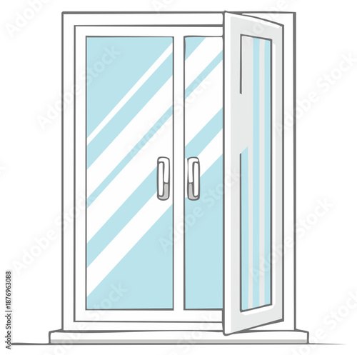 Cartoon illustration of a partially open window featuring clean white frame and reflective blue glass panes