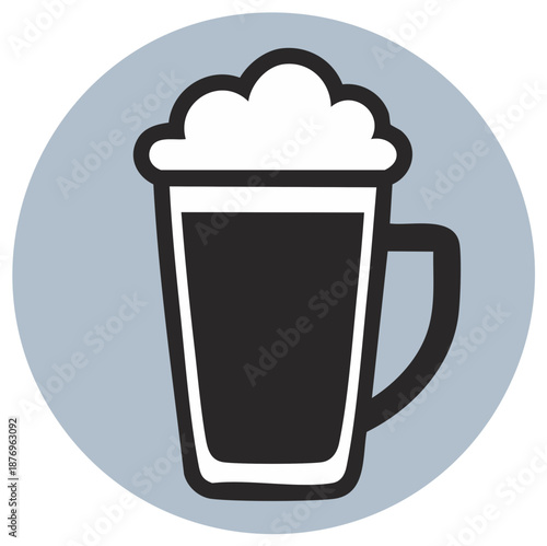 Icon-style illustration of pint glass with beer and white foamy head on pale blue circular background.