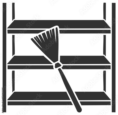 Black and white glyph icon of a broom cleaning empty storage shelves