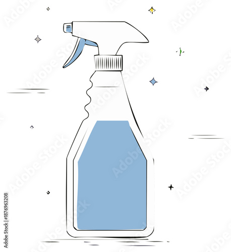 Minimalist line art drawing of a blue liquid spray bottle with sparkling highlights