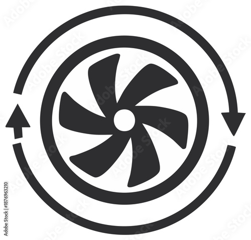 Black rotating fan with blades, circular airflow arrows illustration for ventilation symbol