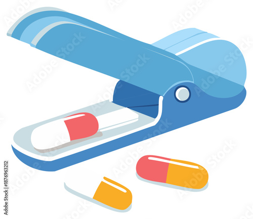 Pill Splitter with Capsule Medications Isolated Illustration, Healthcare
